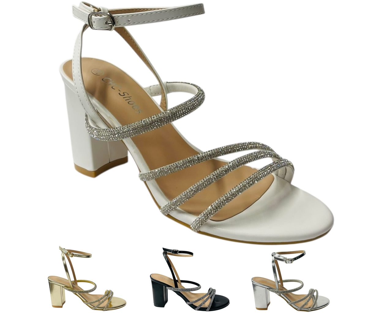 Block Heel Diamante Strappy Shoes