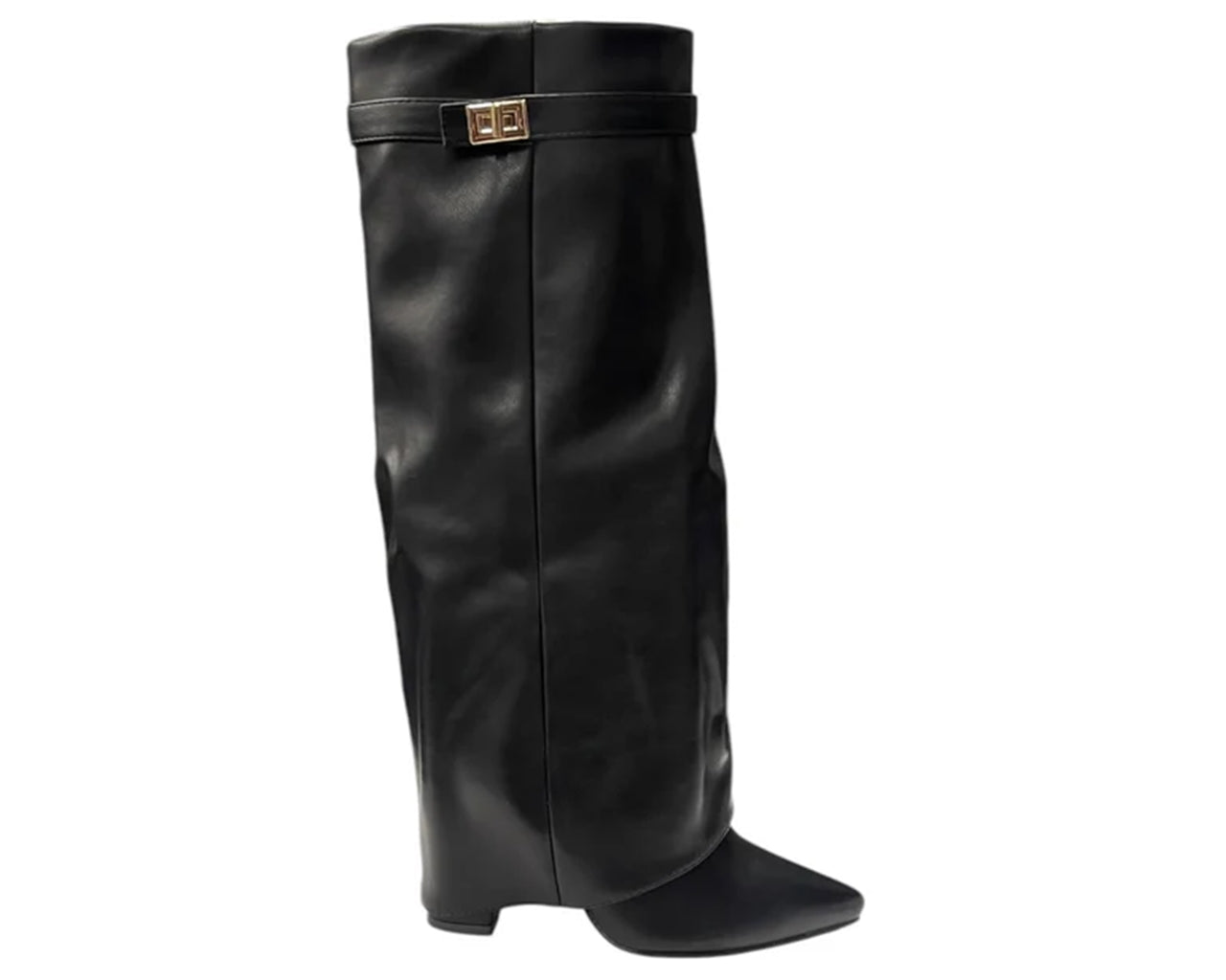 Faux Leather Knee High Fold Over Block Heel Boots