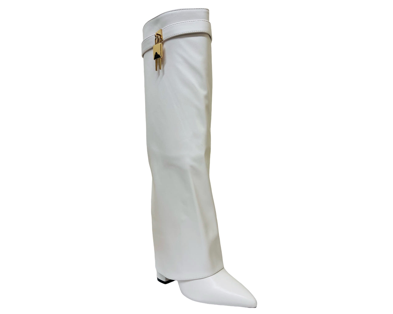 Faux Leather Padlock Knee High Fold Over Block Heel Boots