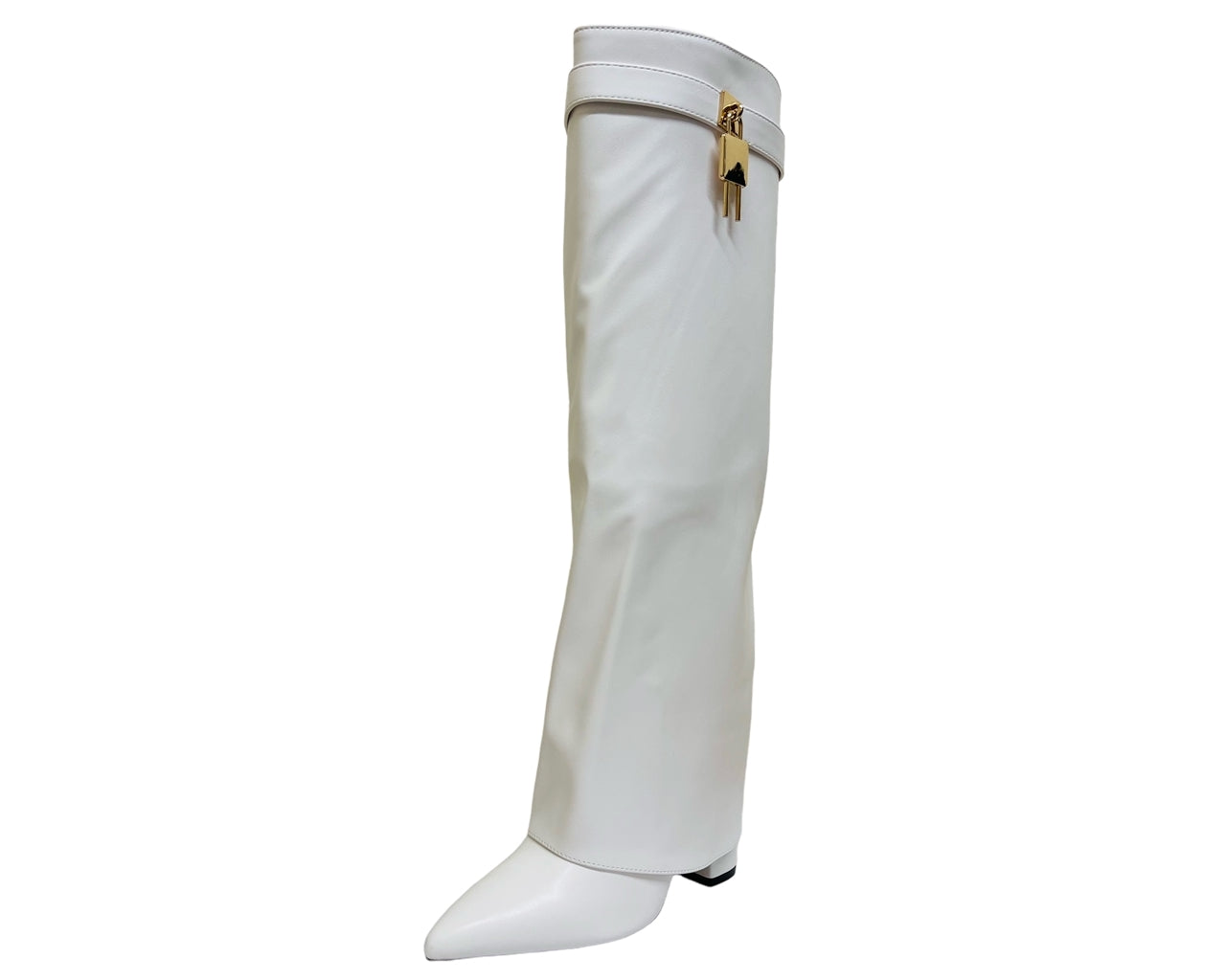 Faux Leather Padlock Knee High Fold Over Block Heel Boots