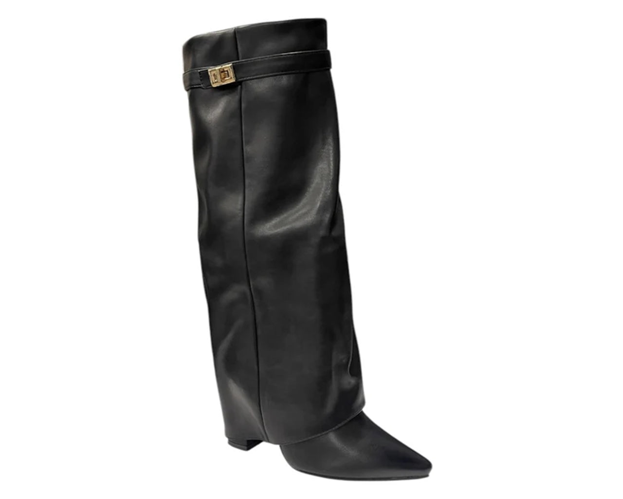 Faux Leather Knee High Fold Over Block Heel Boots