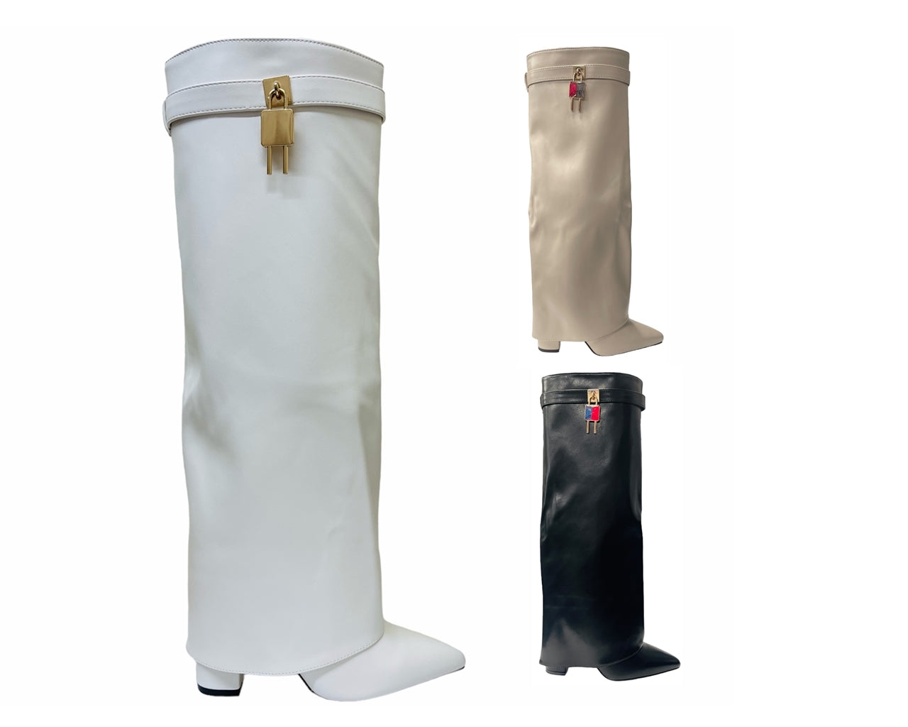 Faux Leather Padlock Knee High Fold Over Block Heel Boots