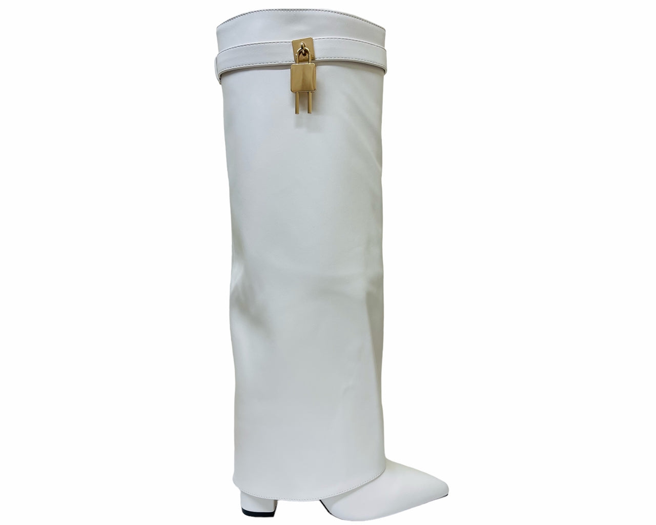 Faux Leather Padlock Knee High Fold Over Block Heel Boots