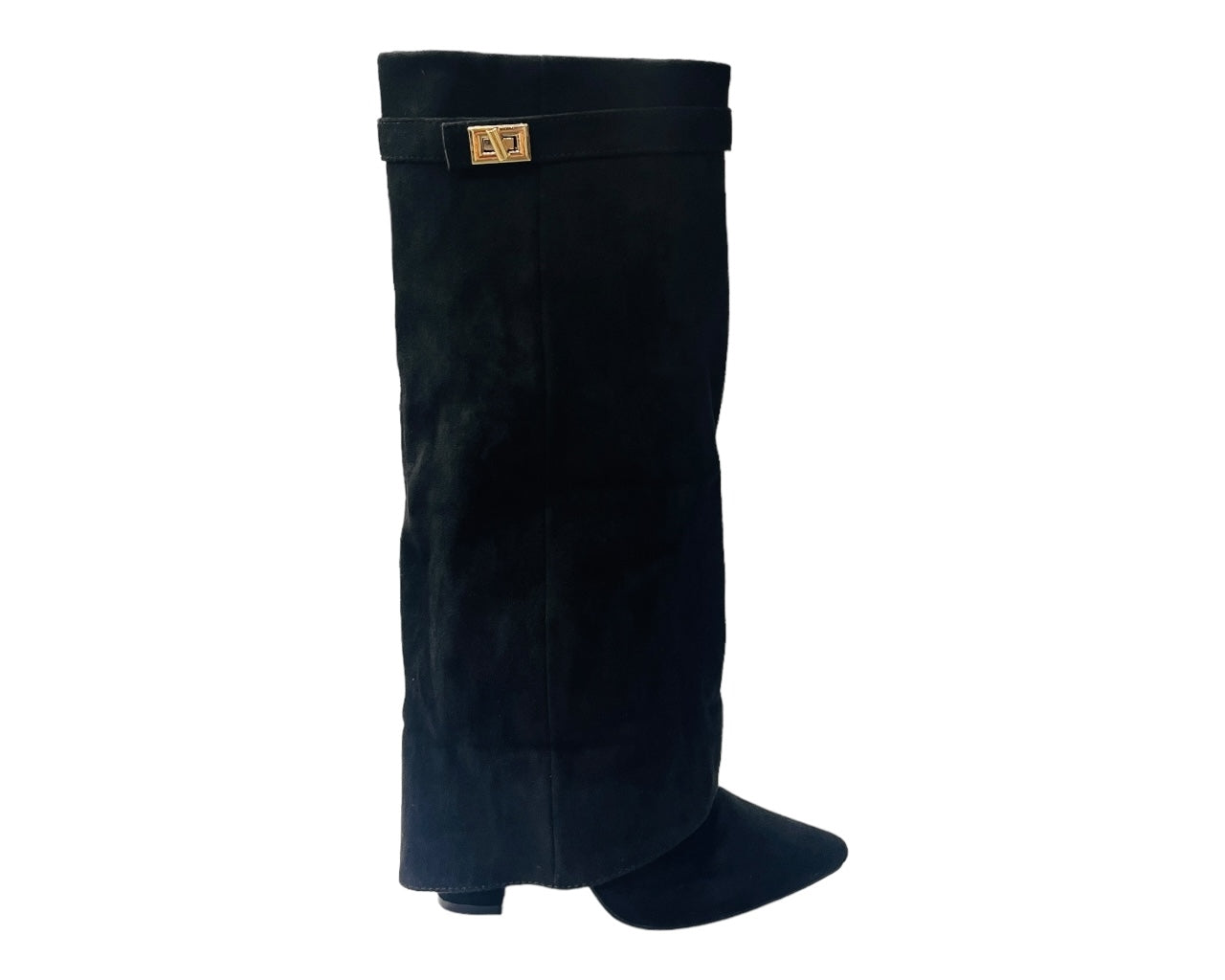 Faux Suede Knee High Fold Over Block Heel Boots