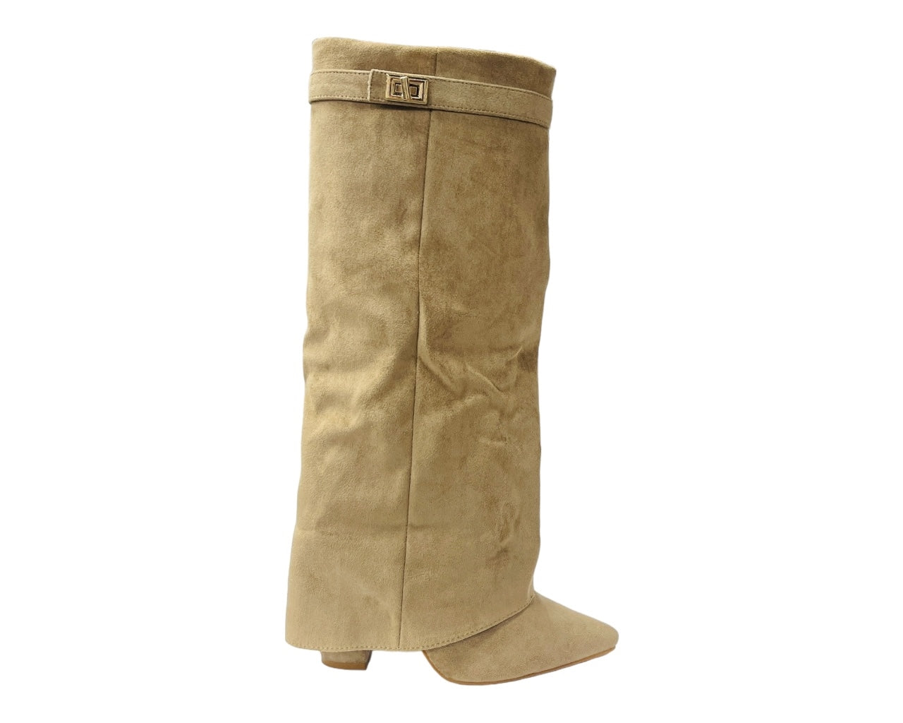 Faux Suede Knee High Fold Over Block Heel Boots