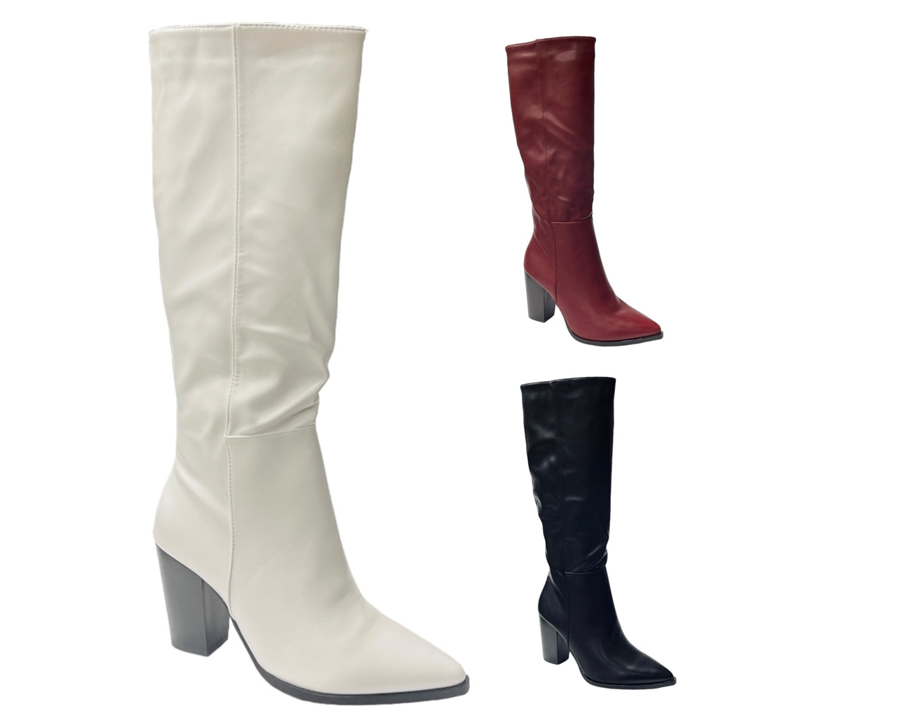 Block Heel Knee High Faux Leather Boots