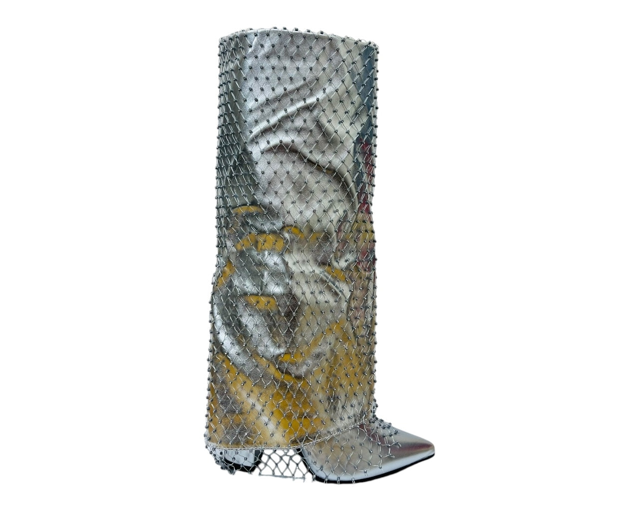 Fold Over Knee High Diamante Fishnet Boots