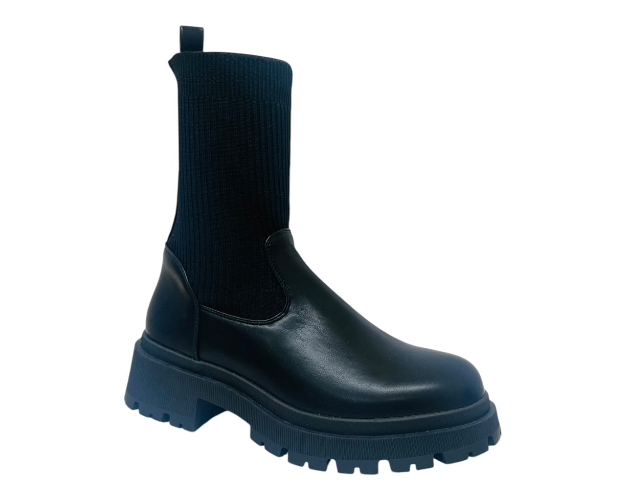 Chunky Sole Faux Leather Knitted Ankle Boots