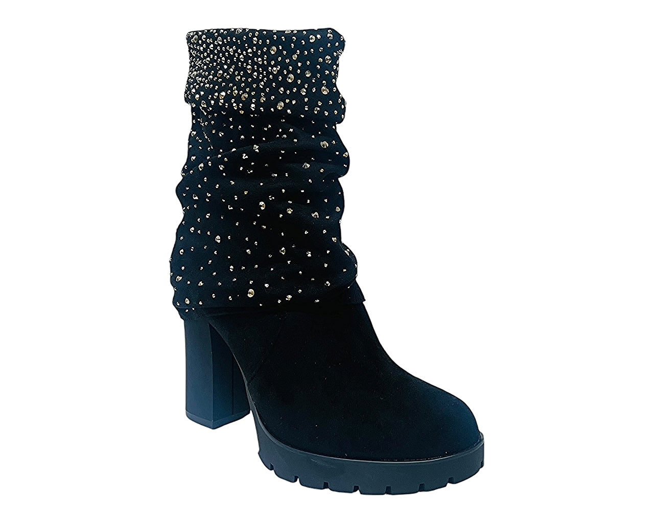 Fold Over Rhinestone Block Heel Ankle Boots