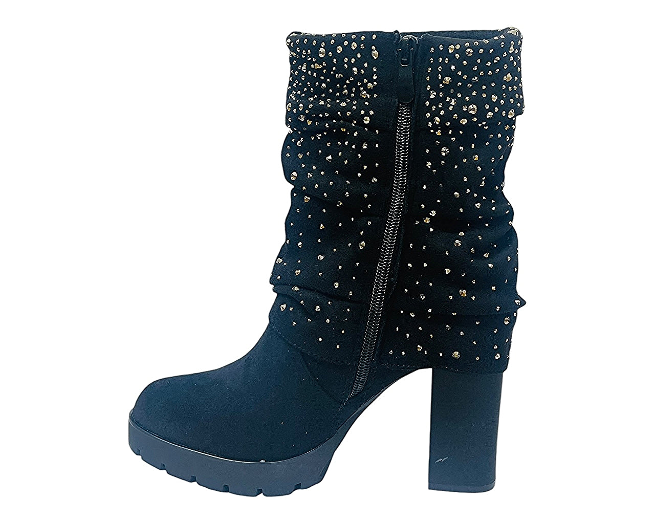 Fold Over Rhinestone Block Heel Ankle Boots