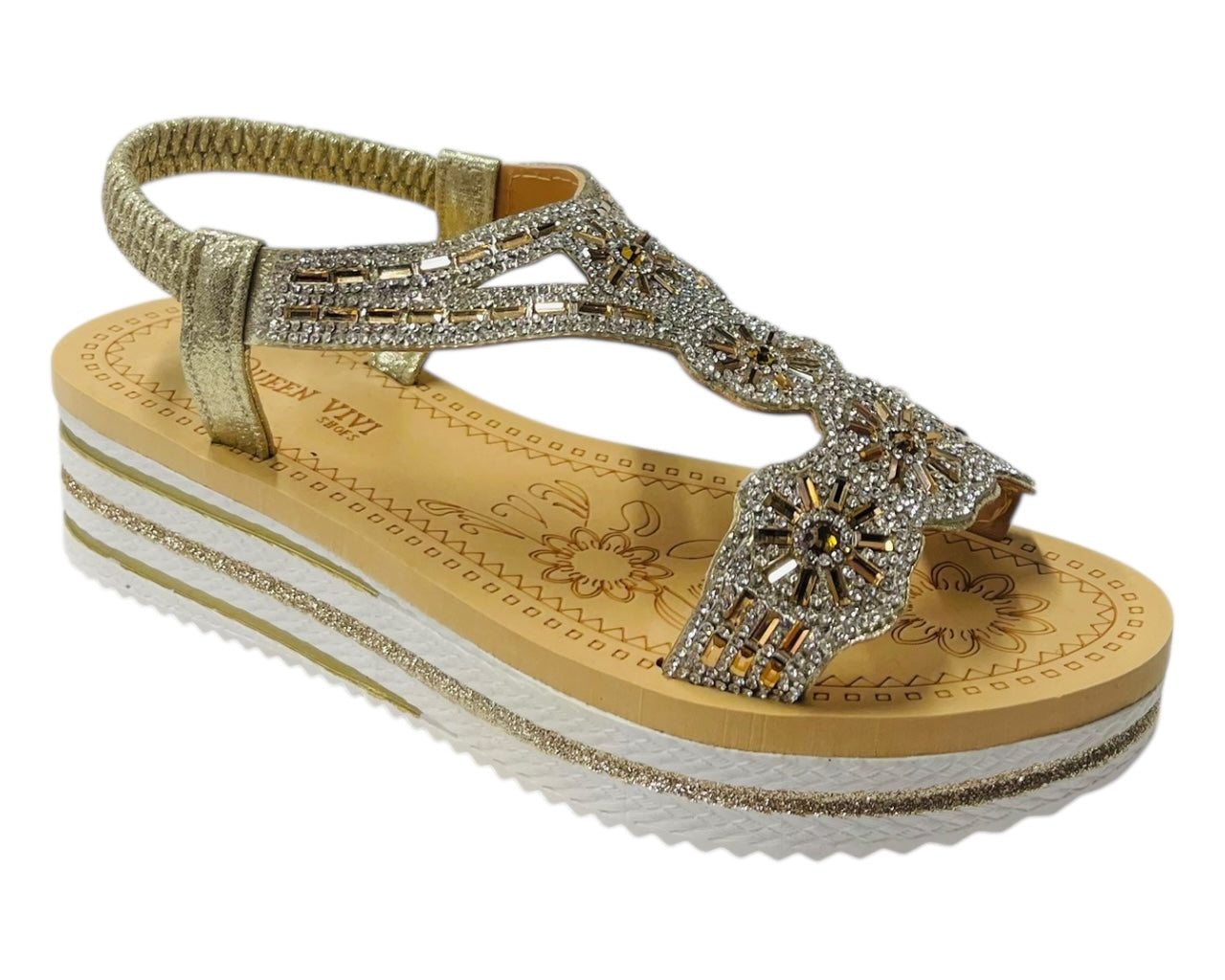 Diamante Elastic Ankle Strap Wedge Sandals