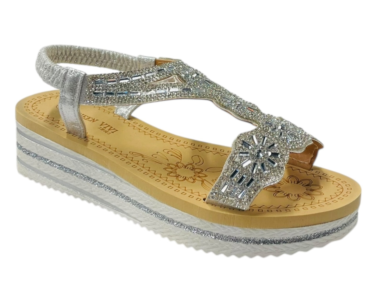 Diamante Elastic Ankle Strap Wedge Sandals