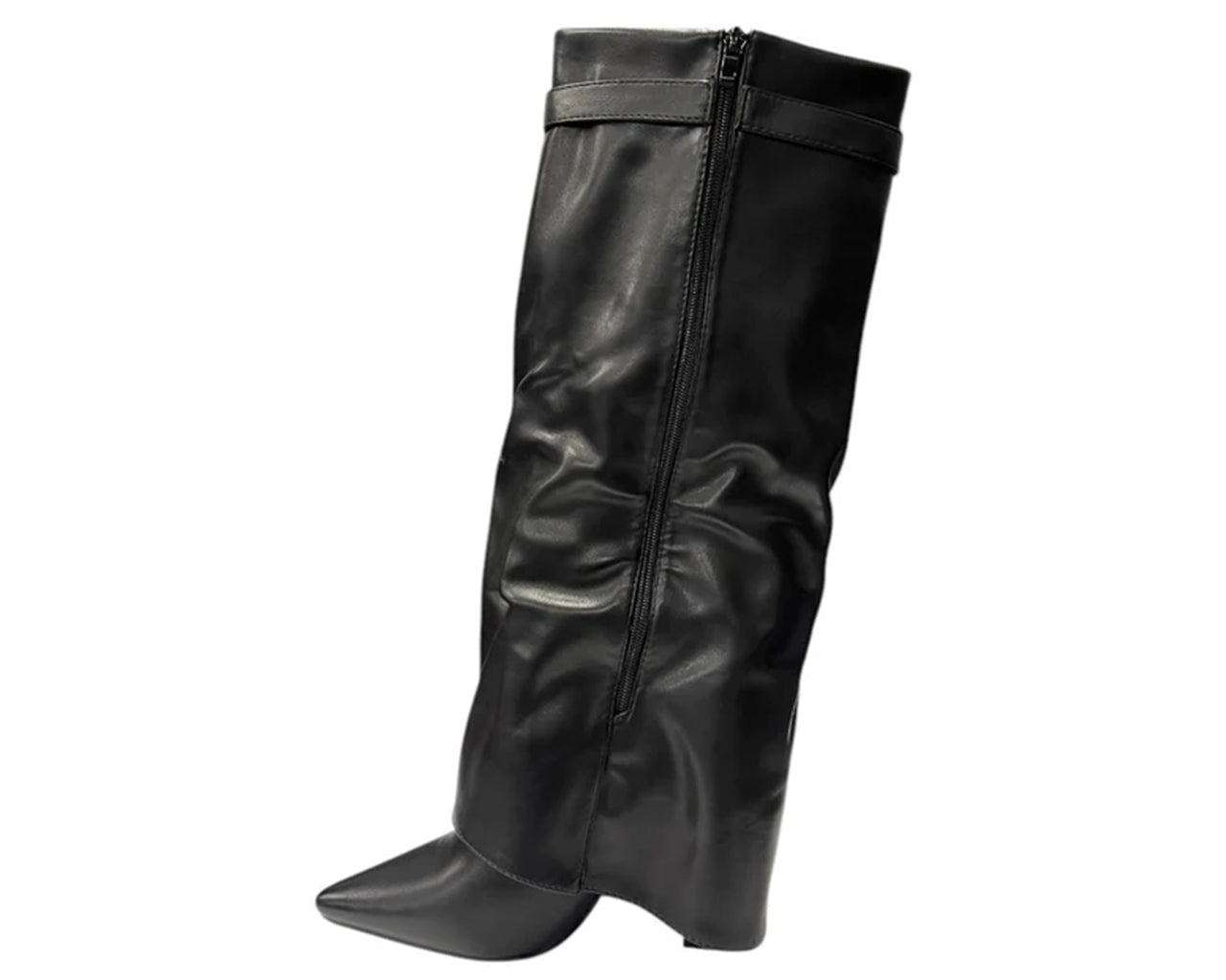 Faux Leather Knee High Fold Over Block Heel Boots