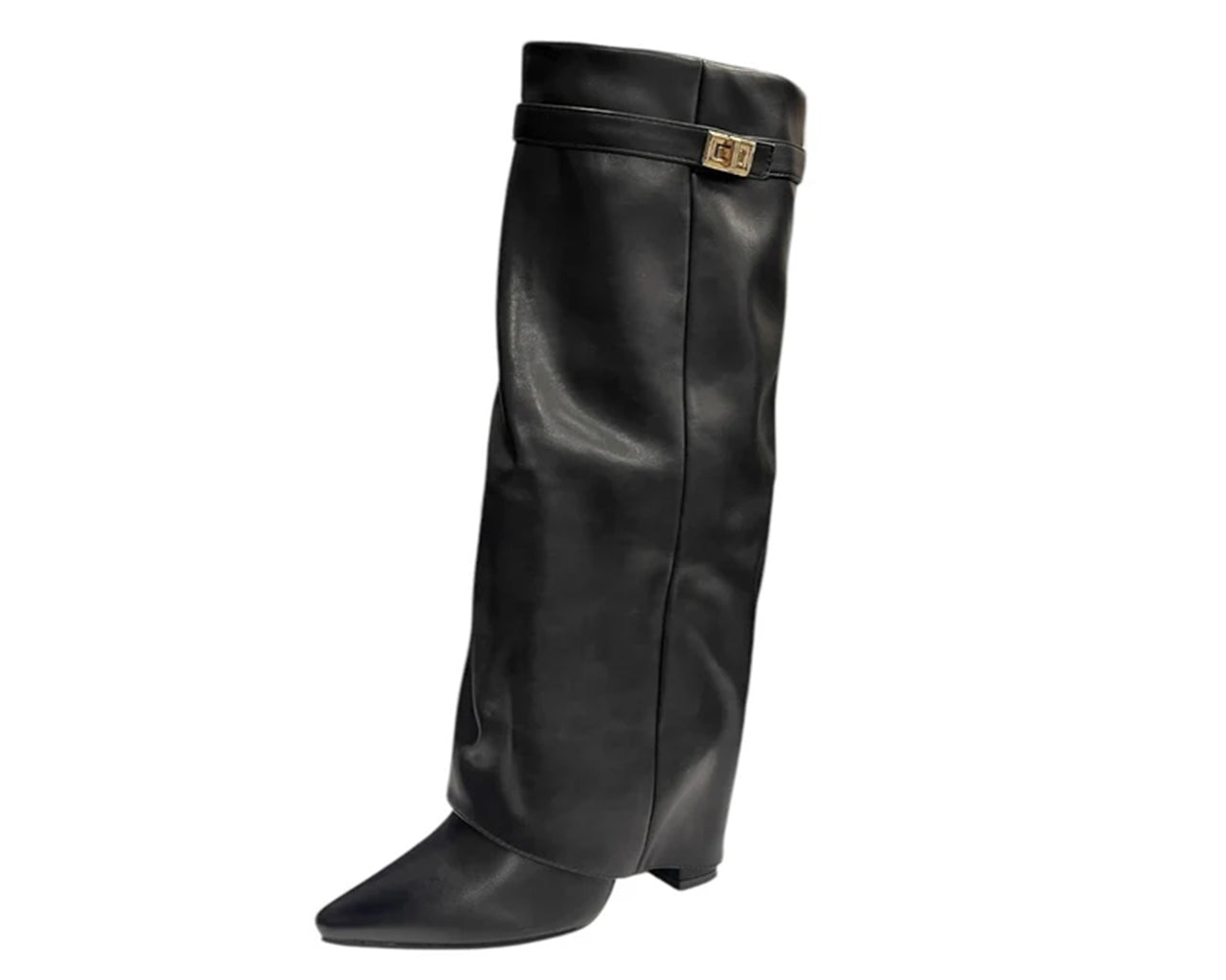 Faux Leather Knee High Fold Over Block Heel Boots