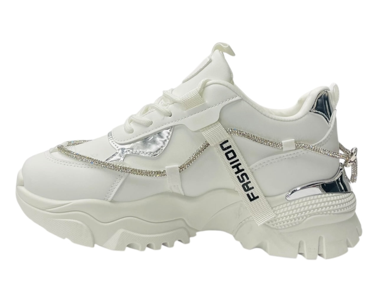 Chunky Sole Diamante Lace Up Faux Leather Trainers