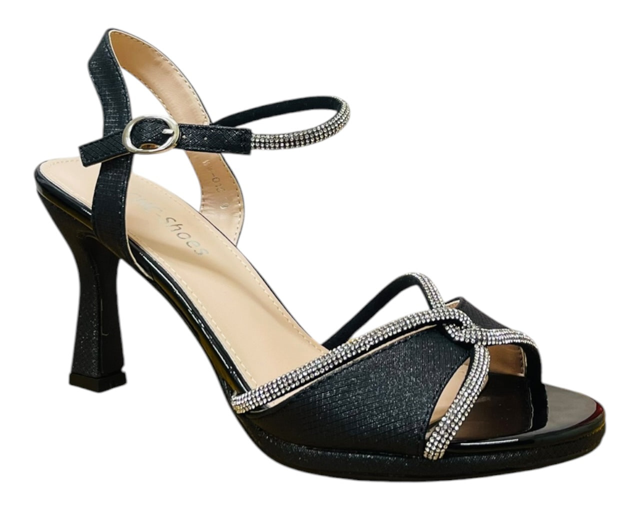Glitter Diamante Ankle Strap Spool Heel Shoes