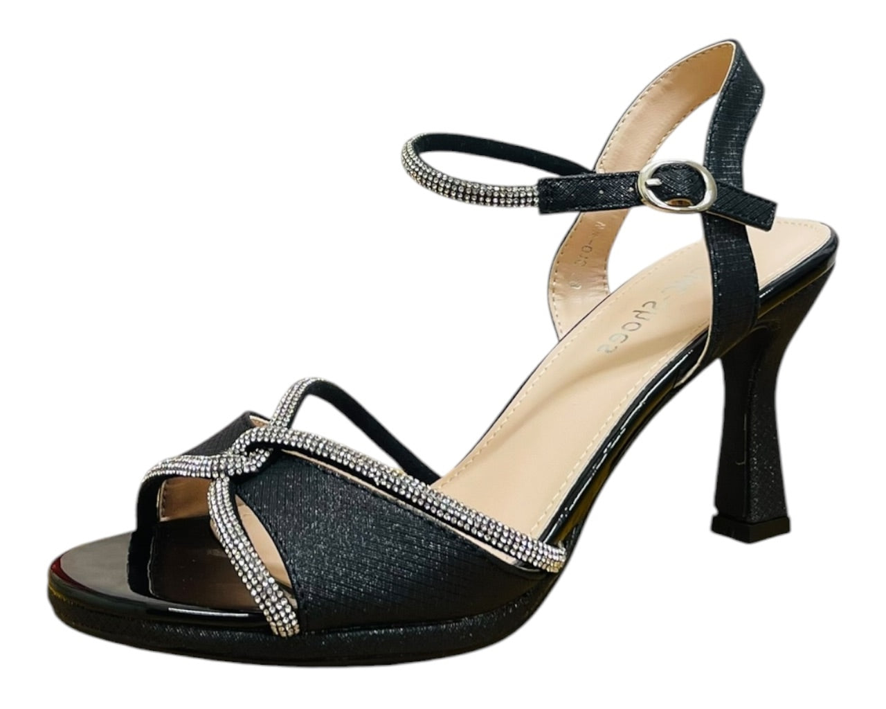 Glitter Diamante Ankle Strap Spool Heel Shoes