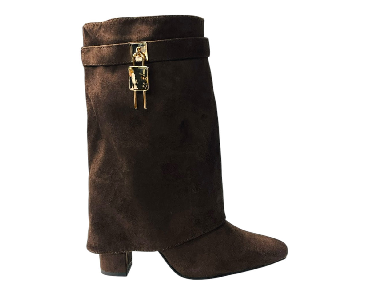 Faux Suede Fold Over Padlock Ankle Boots