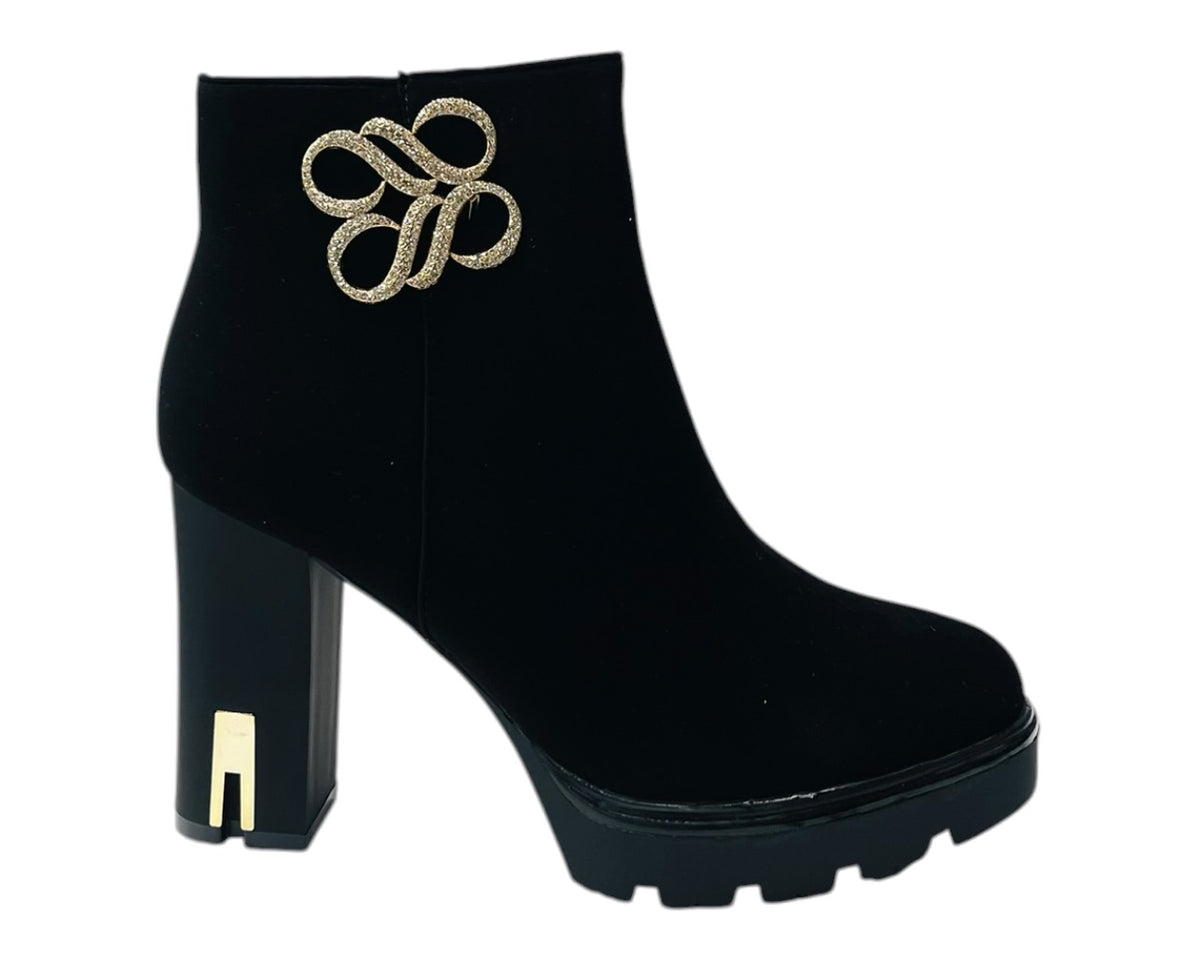 Block Heel Faux Leather Diamante Ankle Boots