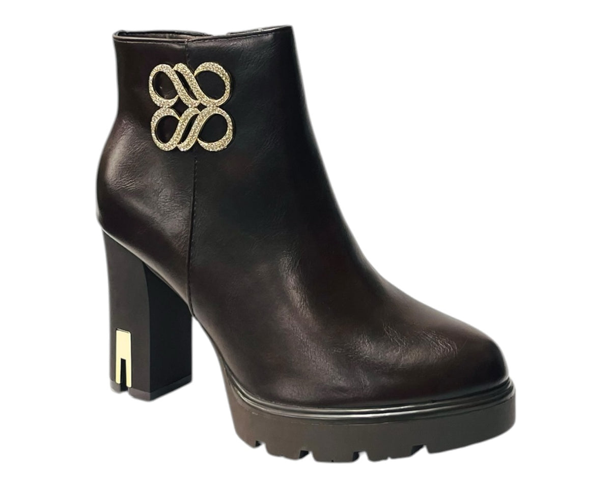 Block Heel Faux Leather Diamante Ankle Boots