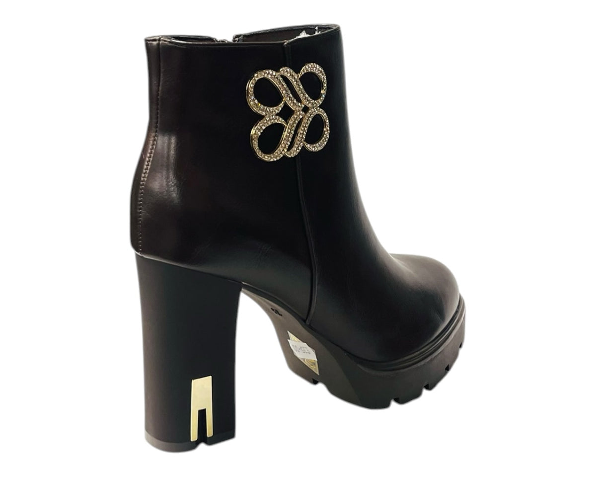Block Heel Faux Leather Diamante Ankle Boots