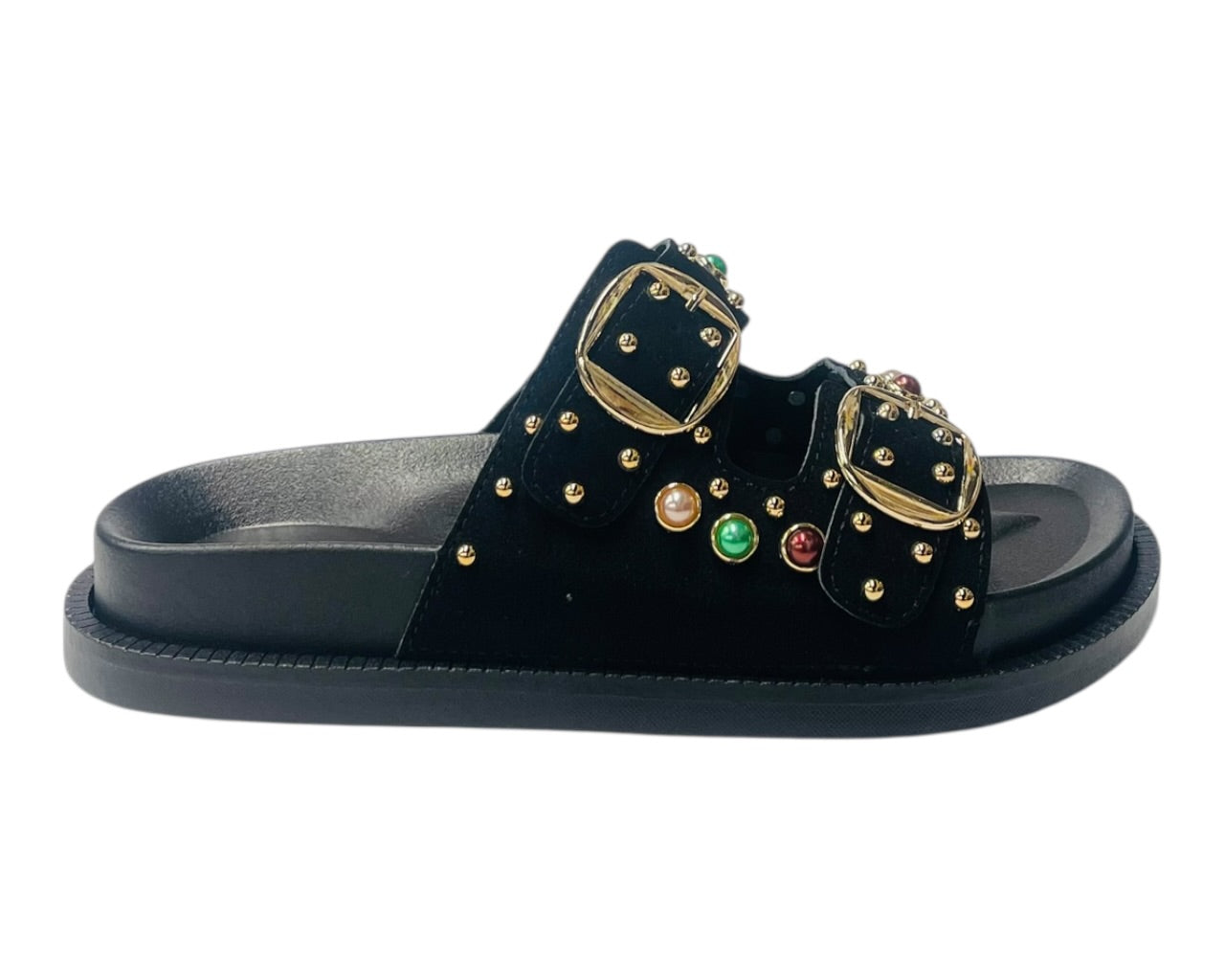 Diamante Stud Double Buckle Slide On Sandal