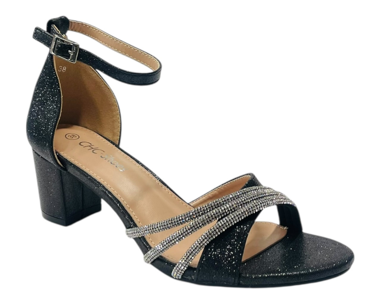 Diamante Ankle Strap Glitter Block Heel Shoes