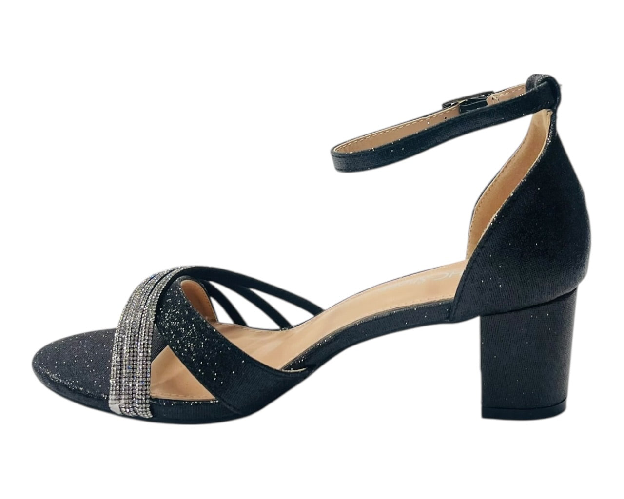 Diamante Ankle Strap Glitter Block Heel Shoes