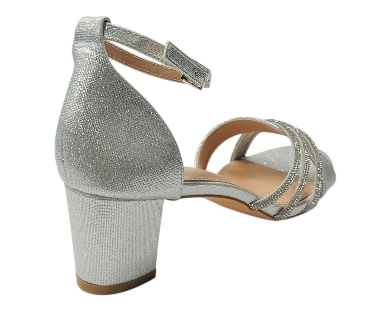 Diamante Ankle Strap Glitter Block Heel Shoes