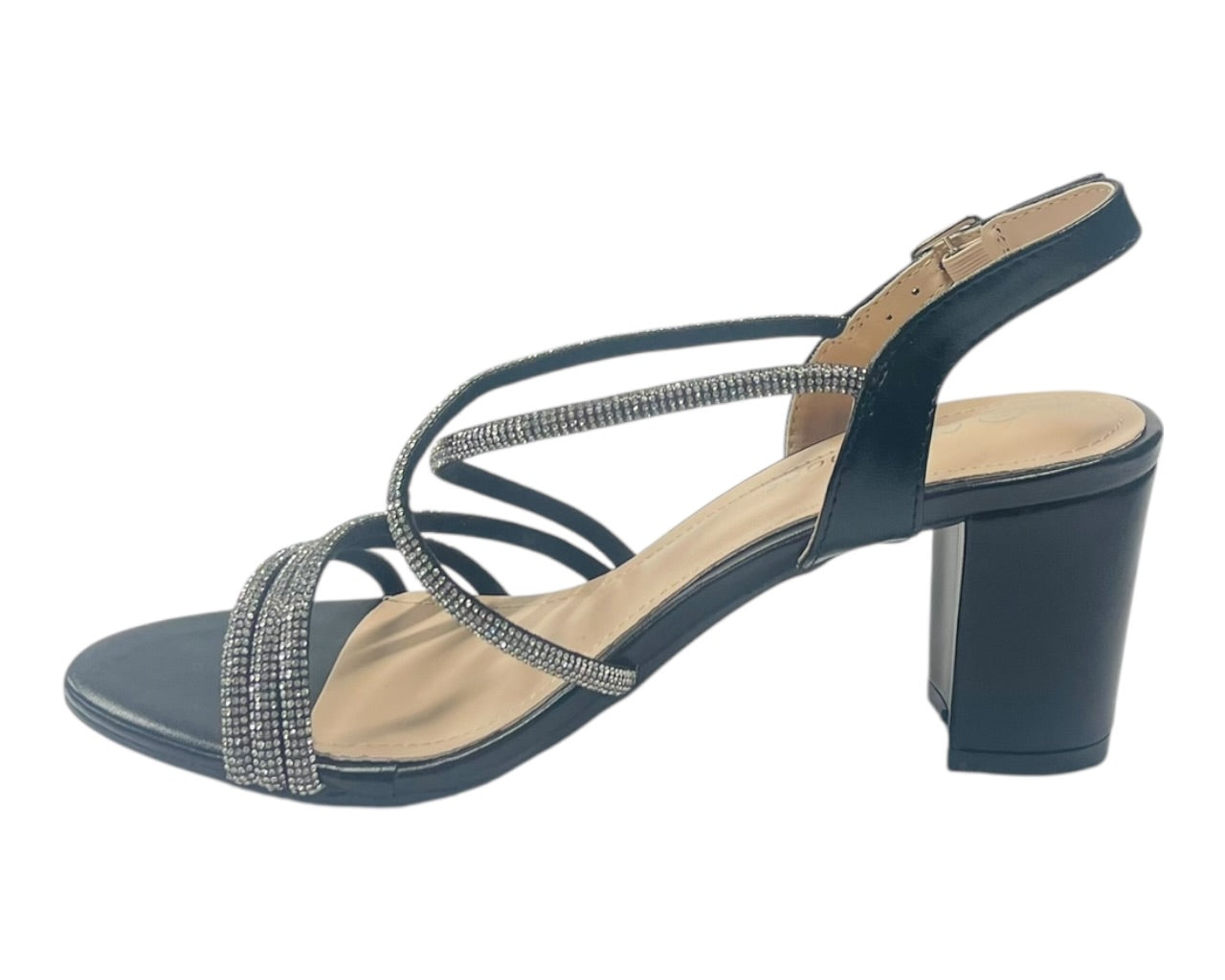 Diamante Glitter Ankle Strap Block Heel Shoes