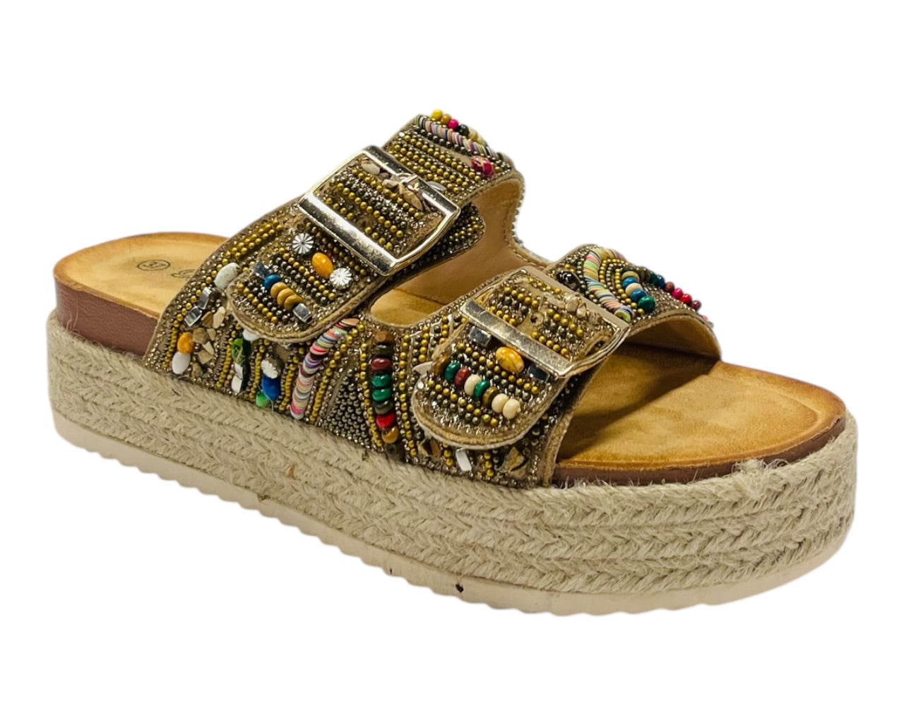 Platform Beaded Buckle Strap Flat Sandals
