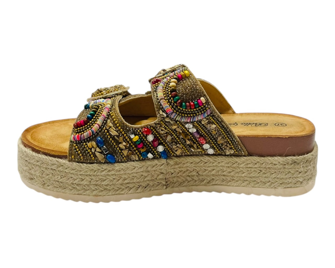 Platform Beaded Buckle Strap Flat Sandals