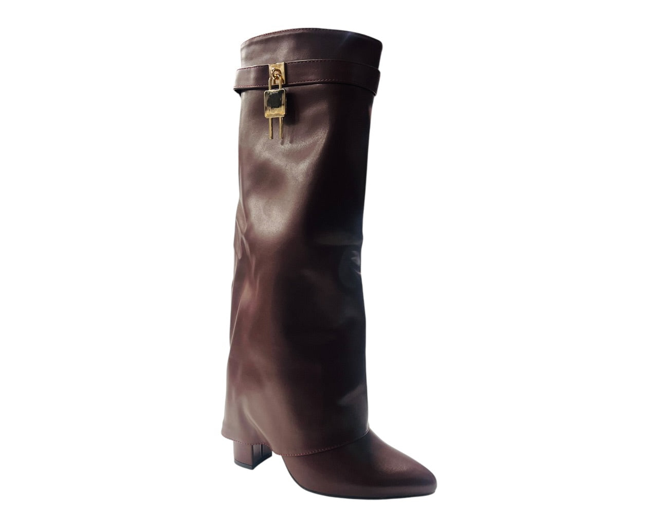 Faux Leather Padlock Knee High Fold Over Block Heel Boots