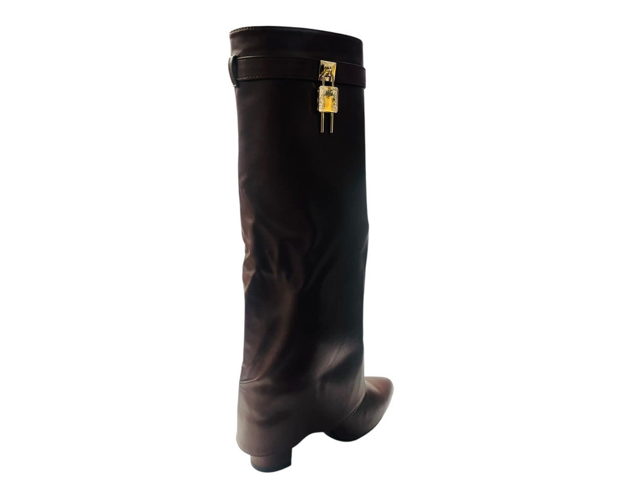 Faux Leather Padlock Knee High Fold Over Block Heel Boots