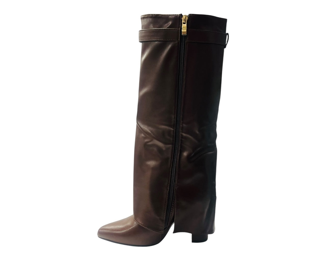 Faux Leather Padlock Knee High Fold Over Block Heel Boots