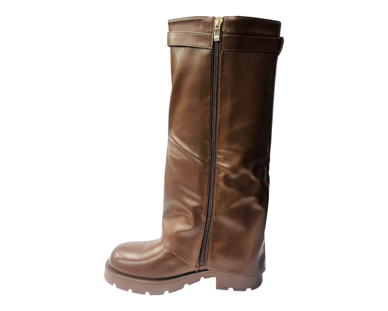 Knee High Faux Leather Fold Over Chunky Sole Boots