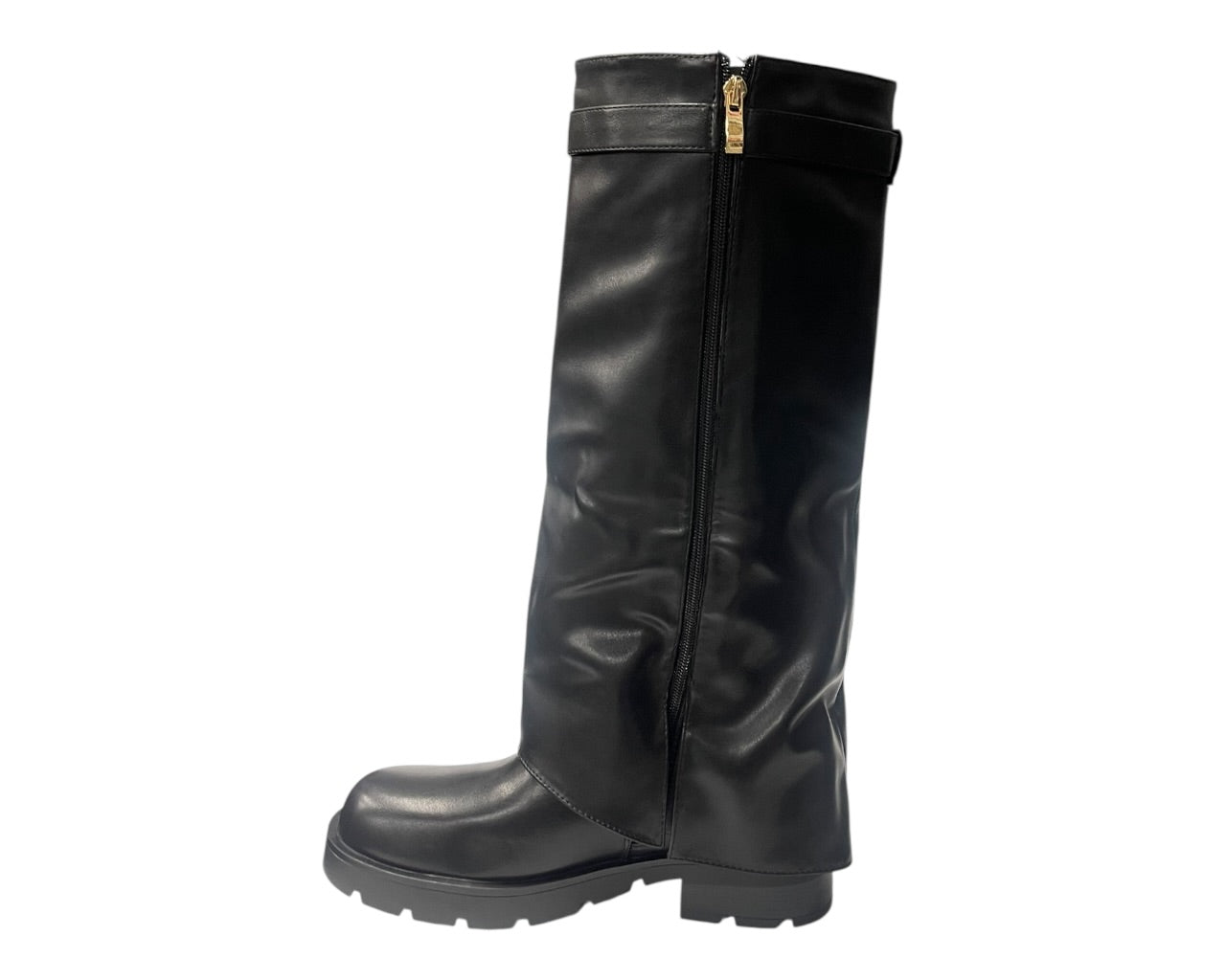 Knee High Faux Leather Fold Over Chunky Sole Boots