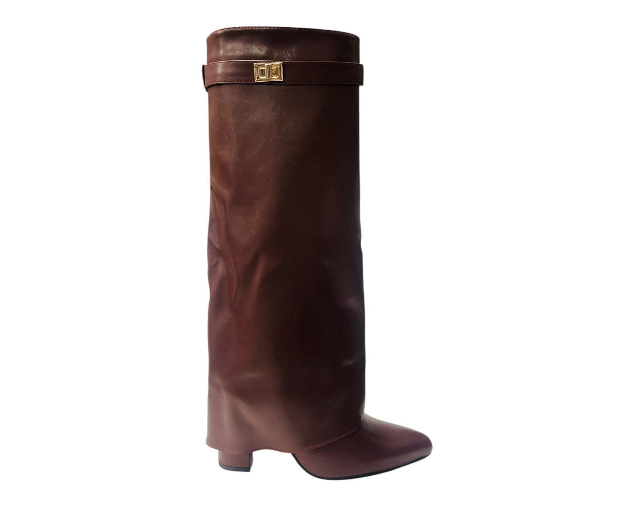 Knee High Faux Leather Fold Over Block Heel Boots