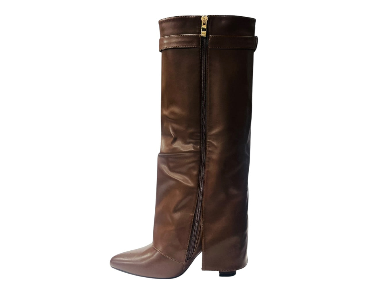 Knee High Faux Leather Fold Over Block Heel Boots