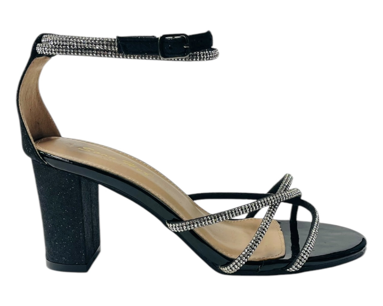 Crossover Block Heel Diamante Strappy Shoes