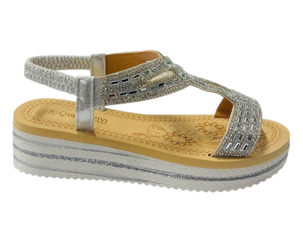 Elastic Ankle Strap Diamante Wedge Sandals