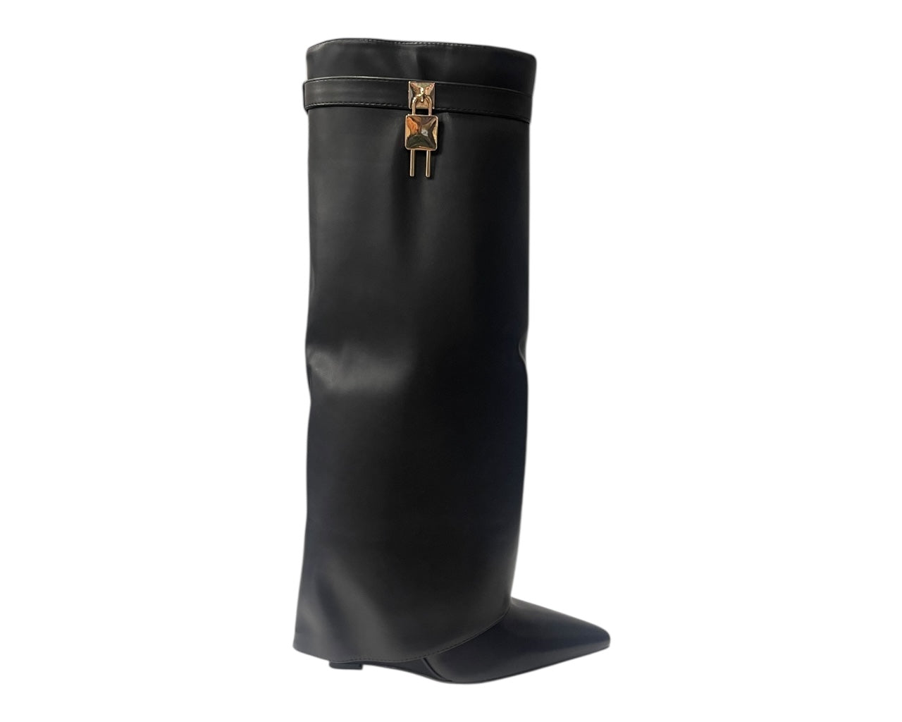 Faux Leather Padlock Knee High Fold Over Wedge Heel Boots