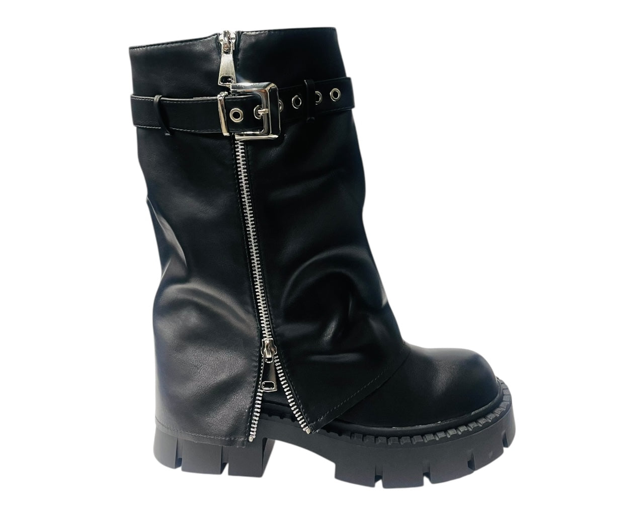 Chunky Sole Mid Calf Zip Fold Over Biker Boots