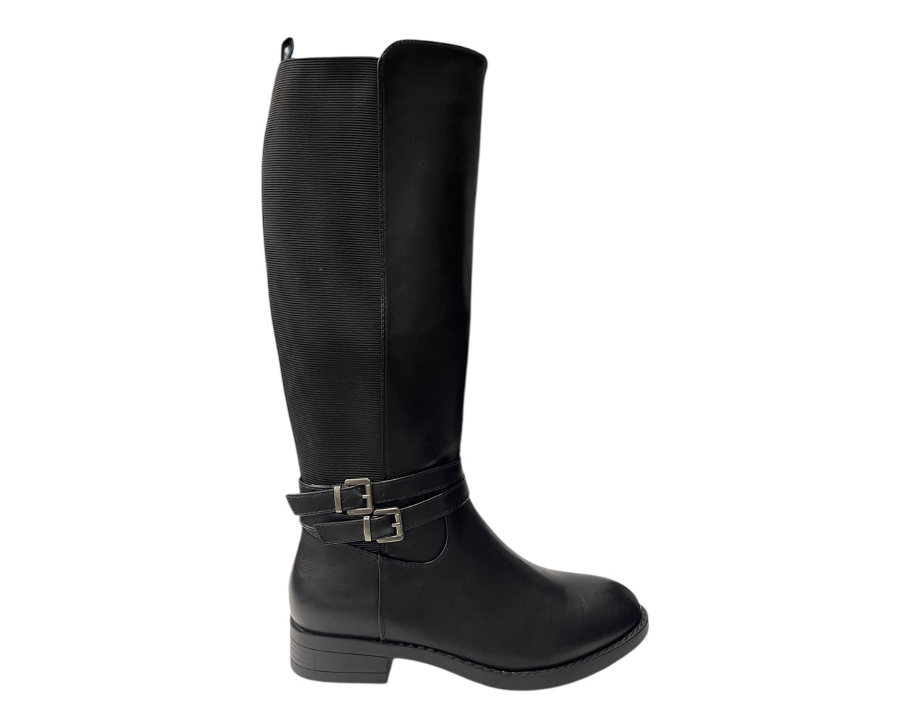 Faux Leather Knee High Elastic Panel Flat Sole Boots