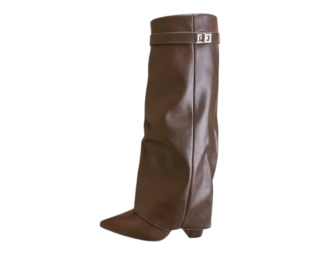 Faux Leather Knee High Fold Over Block Heel Boots