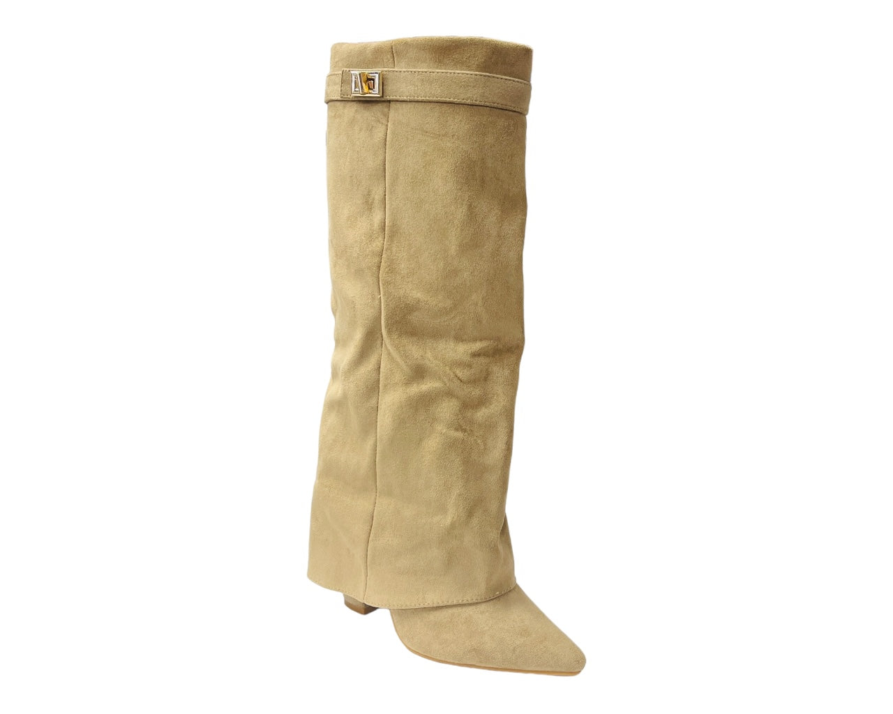 Faux Suede Knee High Fold Over Block Heel Boots