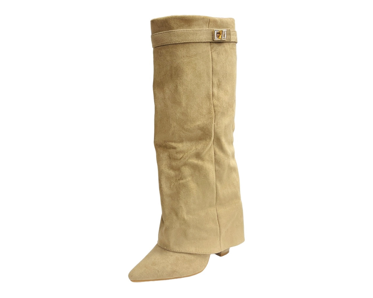 Faux Suede Knee High Fold Over Block Heel Boots