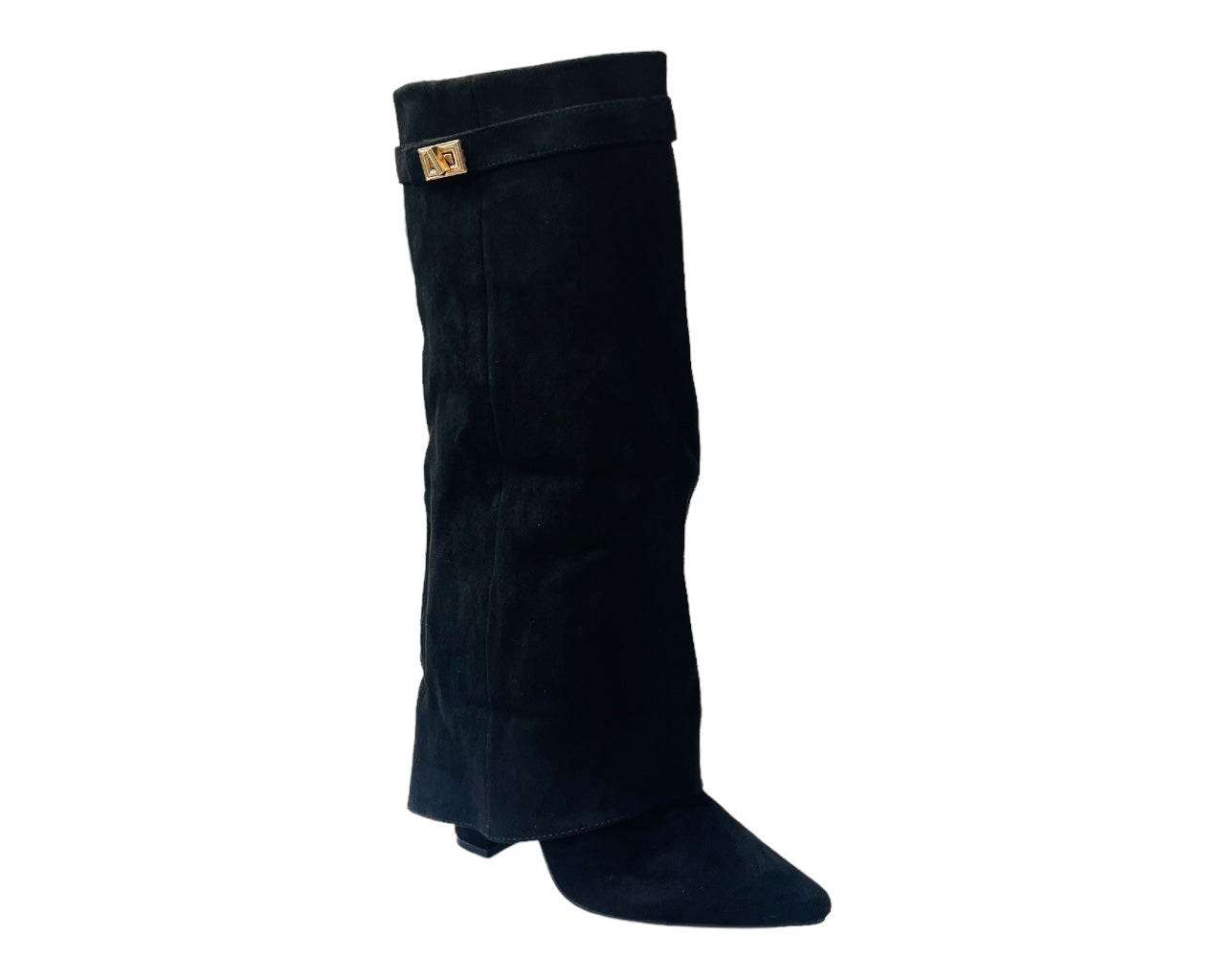 Faux Suede Knee High Fold Over Block Heel Boots