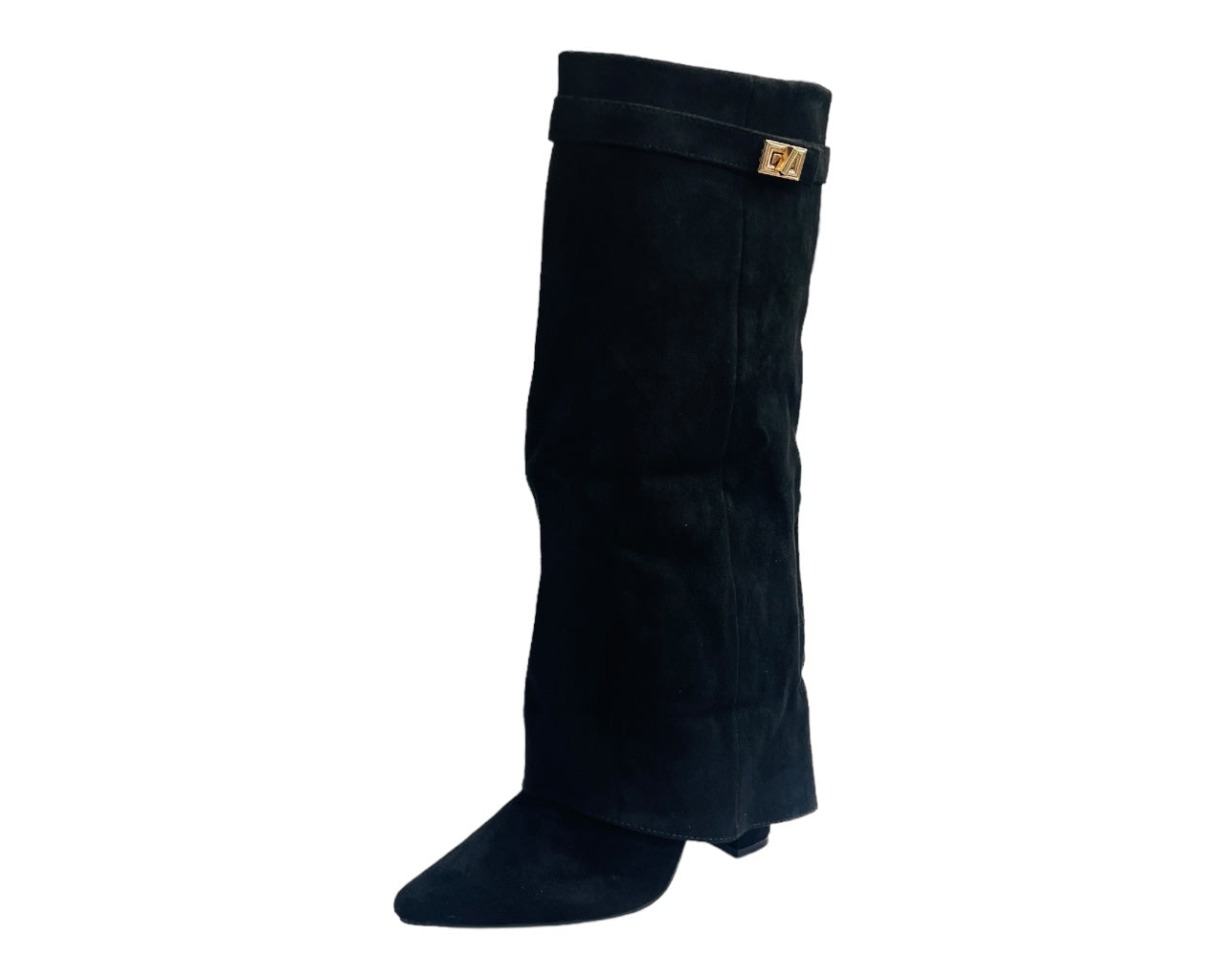 Faux Suede Knee High Fold Over Block Heel Boots