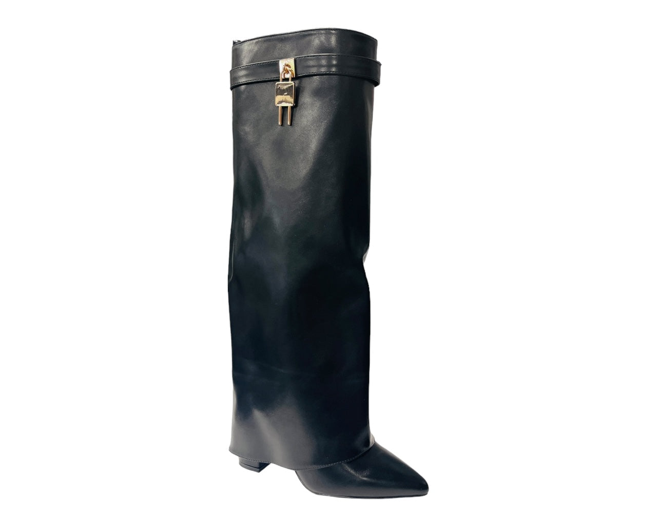 Faux Leather Padlock Knee High Fold Over Block Heel Boots